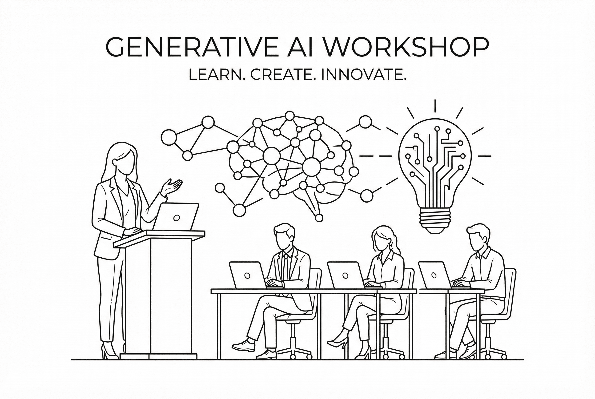 生成AI活用塾のイメージイラスト - 講師が参加者に個別レクチャーしている様子