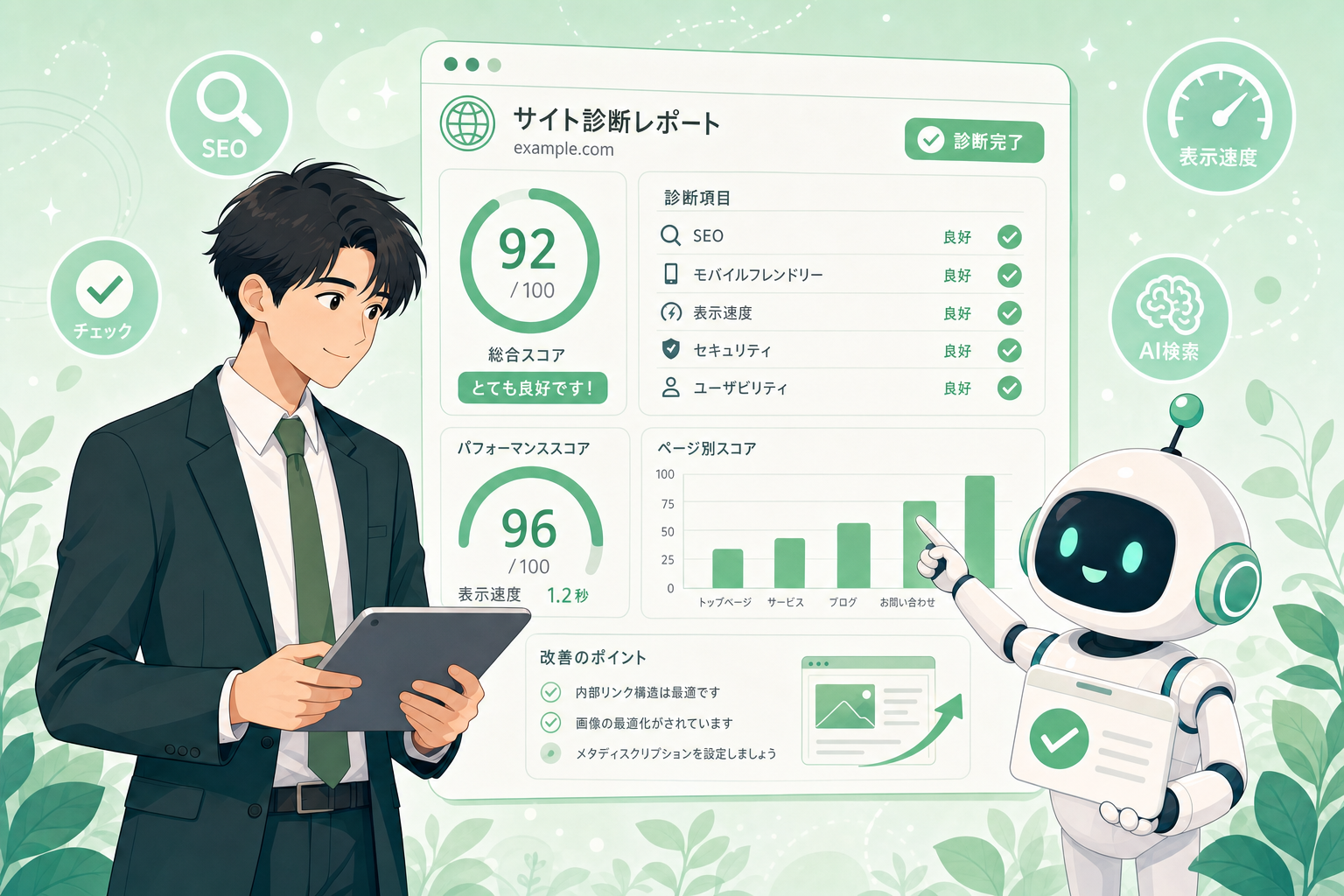 WebサイトのAI検索対応を診断するイラスト