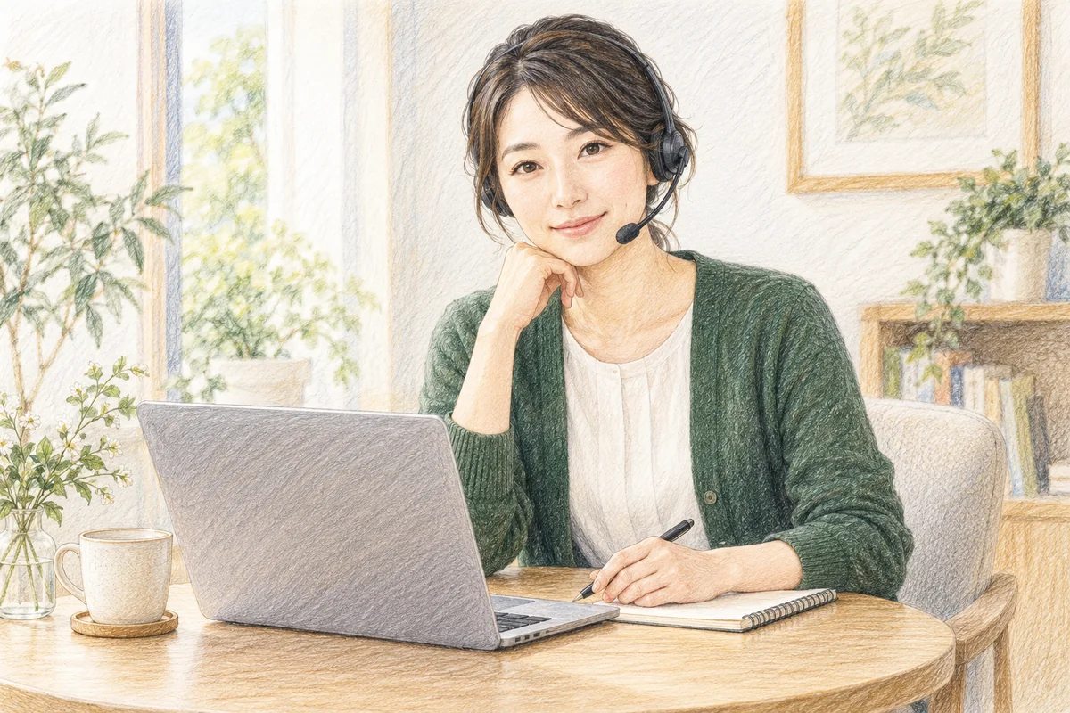 オンラインで話を聞く女性の色鉛筆画