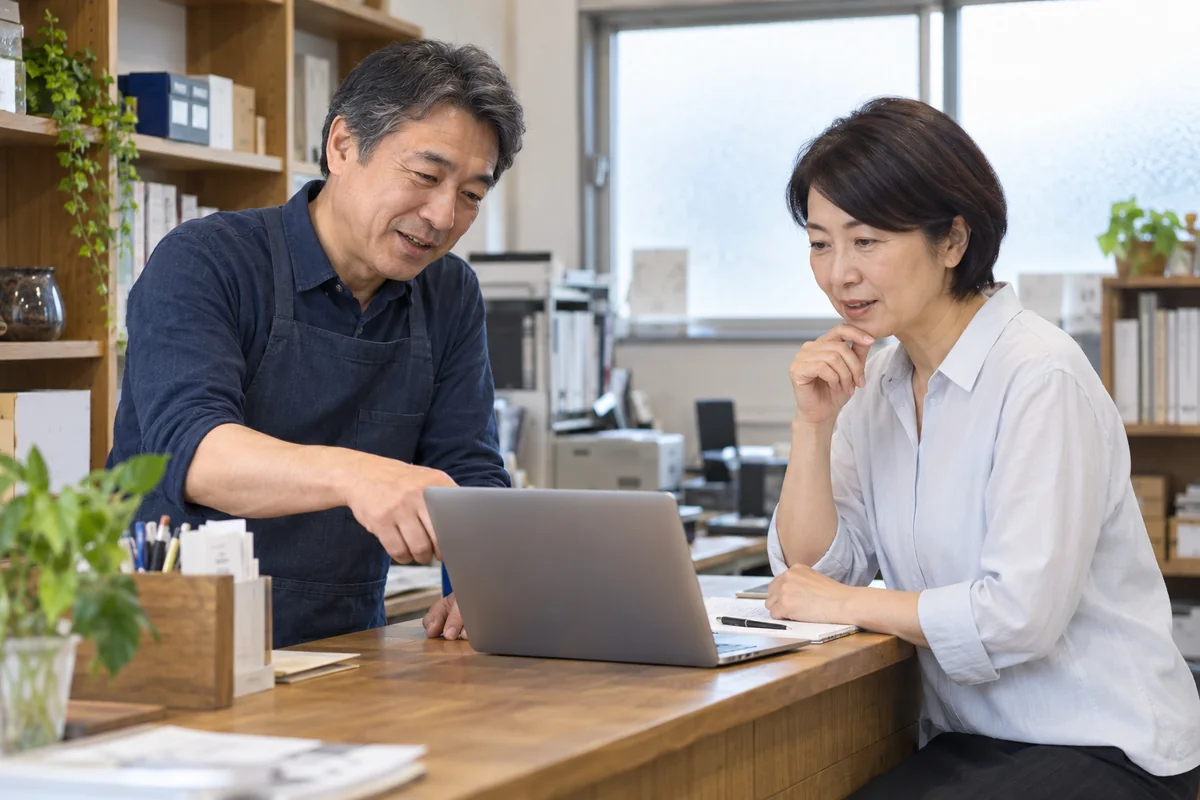 地域の仕事場でパソコンの使い方を話し合う二人