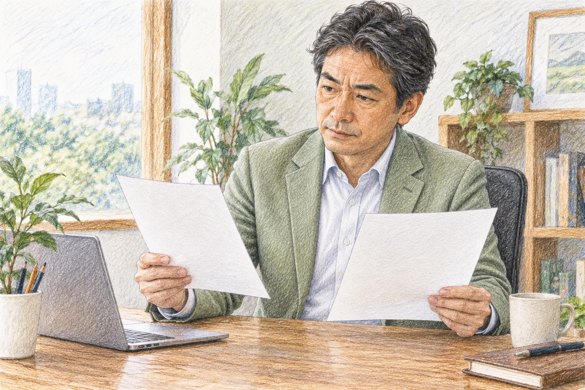 両手で一枚ずつ書類を持ち、内容を確かめる人の色鉛筆画
