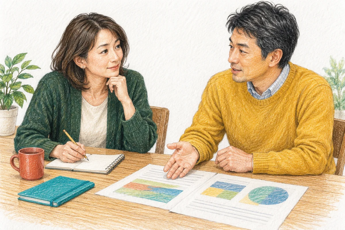 女性が聞き役となり男性が説明する相談場面