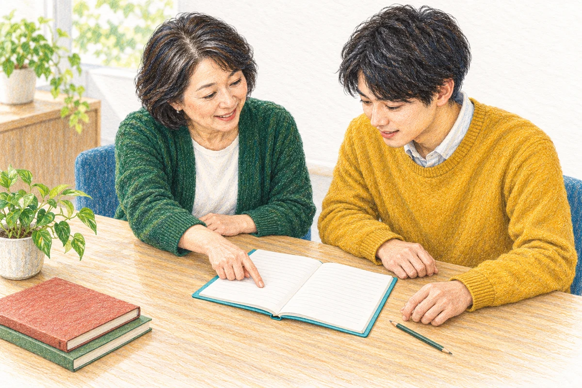 机に平置きしたノートを、同じ側に座る二人が確認する色鉛筆画