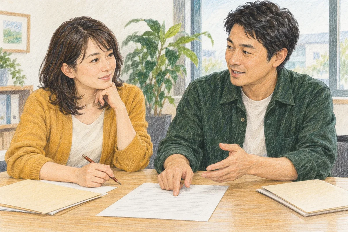 男女がテーブルで話しながらノートに記す