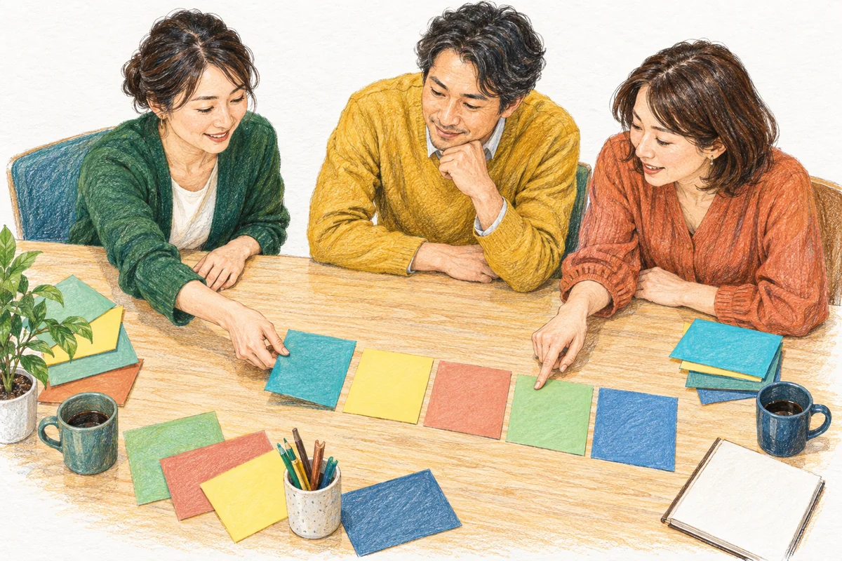 三人で大きな紙と色付き付箋を囲んで相談