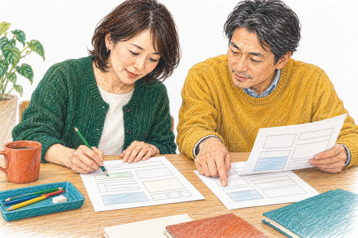 女性が紙に記し男性がノートパソコンを使う対話