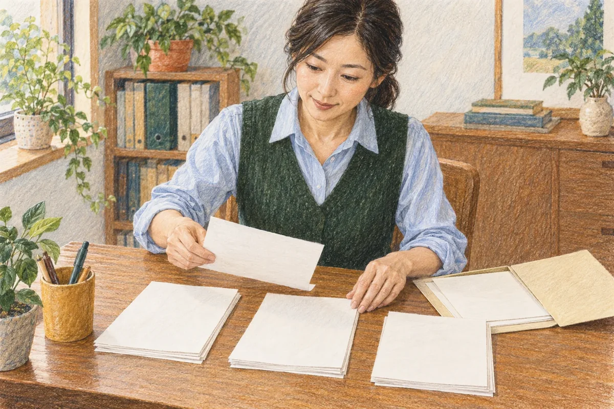 女性が机でノートと書類を並べて整理