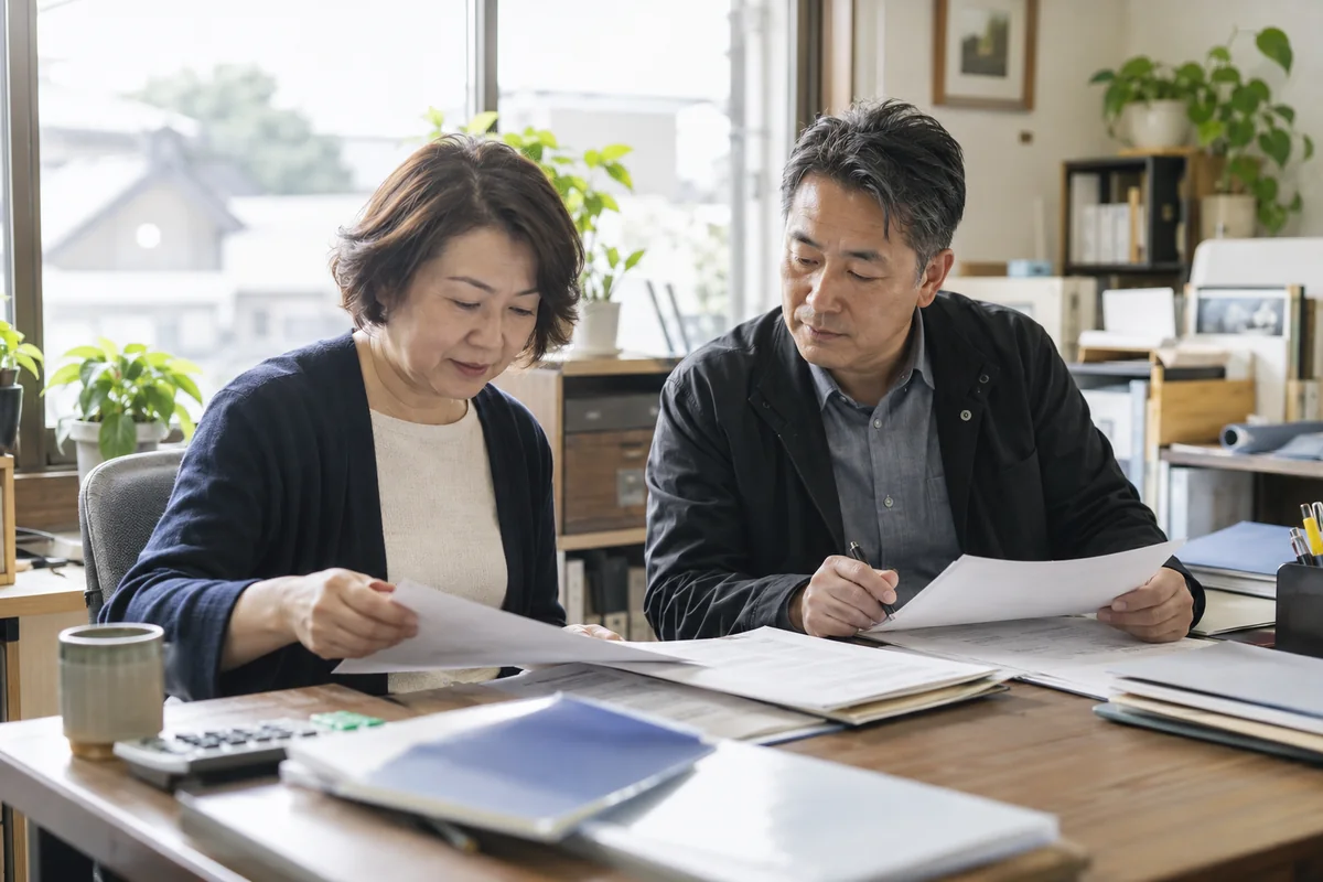 窓辺の二人がノートパソコンと紙資料を見る