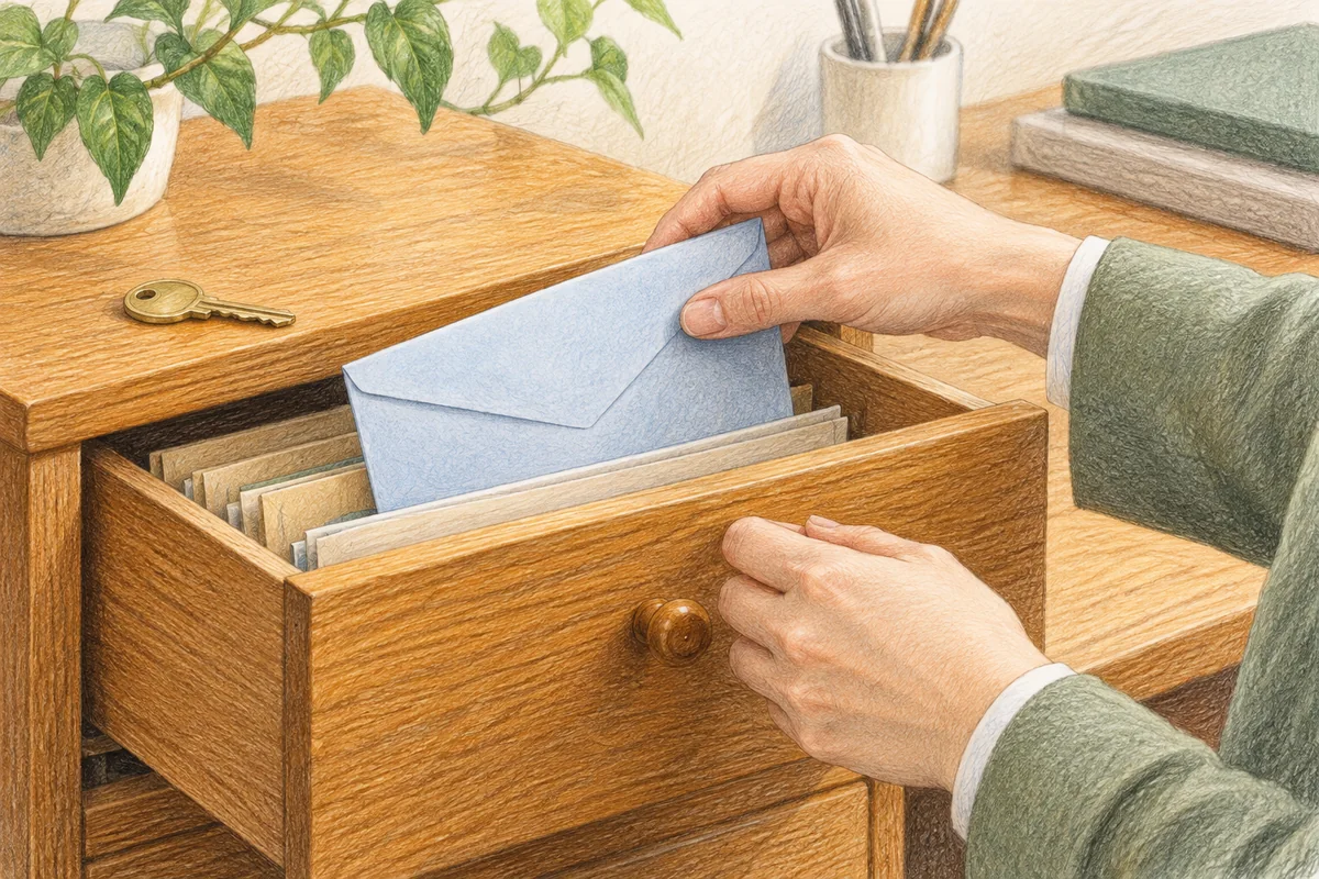 大切な資料を丁寧にしまう手元の色鉛筆画