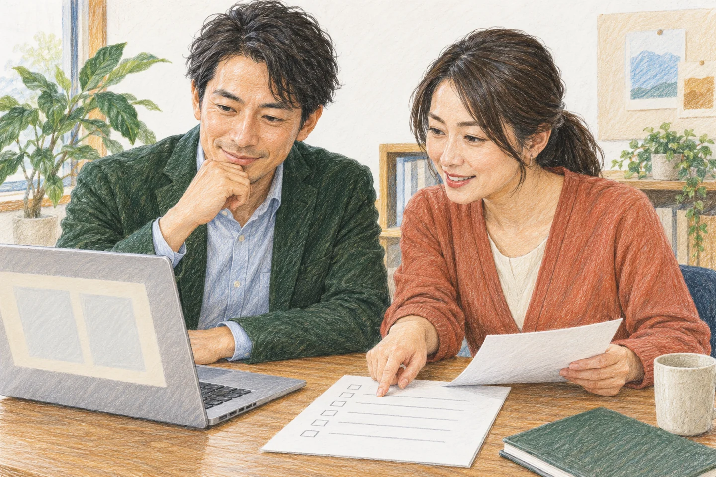 ノートパソコンの画面と手元の紙を、二人で一緒に確かめる色鉛筆画